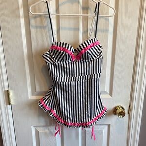 Victoria's Secret Black and White Striped Lingerie with pink accents